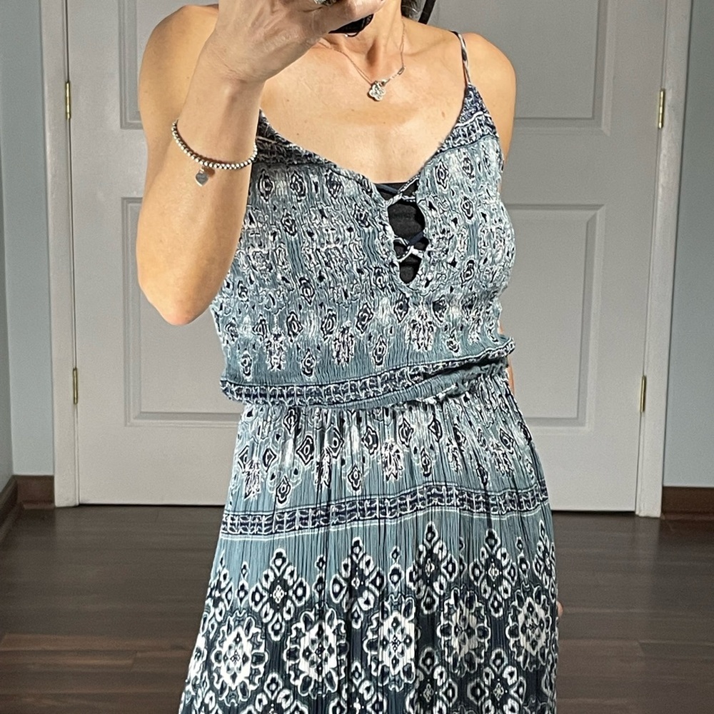 Aqua Blue Paisley Print Smocked Strap Maxi Dress size S - Picture 6 of 13